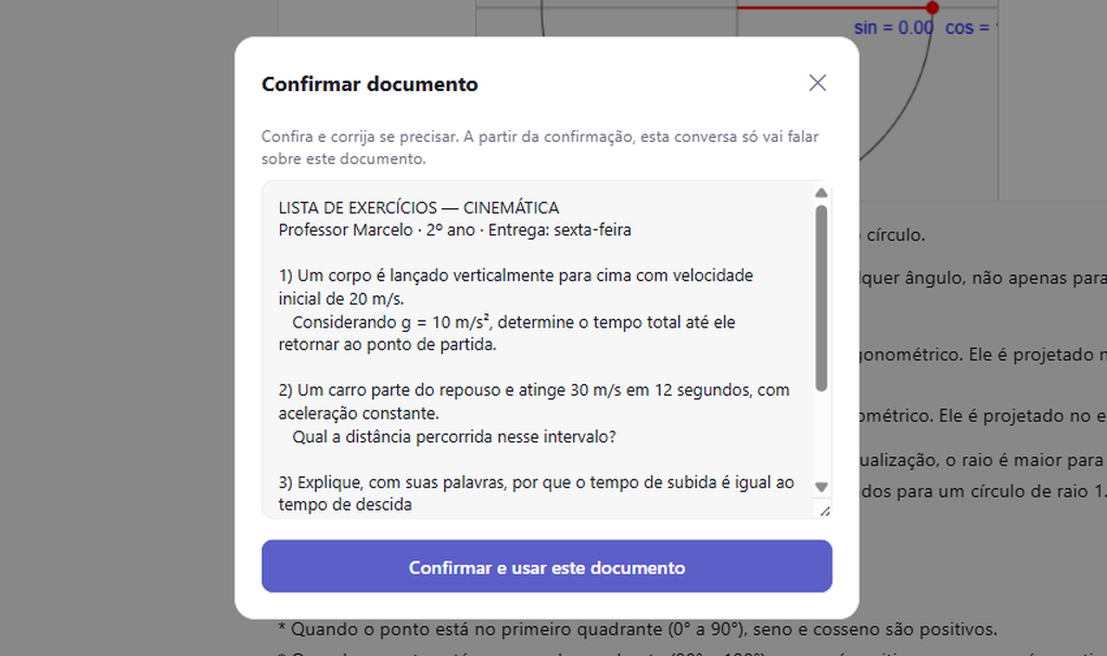 Caixa de confirmação do documento: o texto extraído da lista de exercícios aparece para o aluno conferir e corrigir antes de confirmar